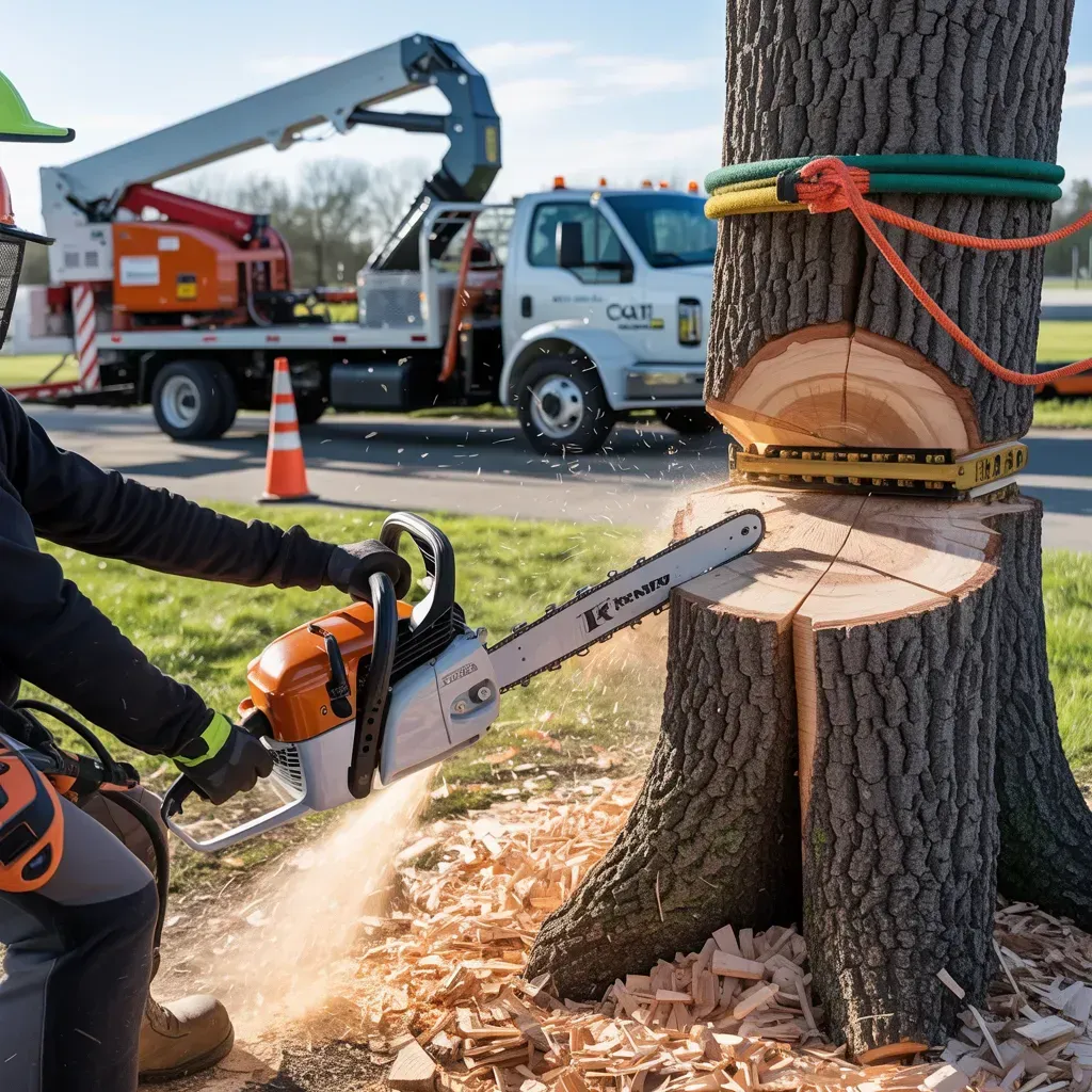 Person using a chainsaw to cut a tree trunk; a truck with a crane is in the background.