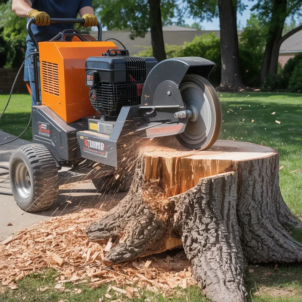 A person operates a stump grinder, removing a tree stump in a yard, producing wood chips.