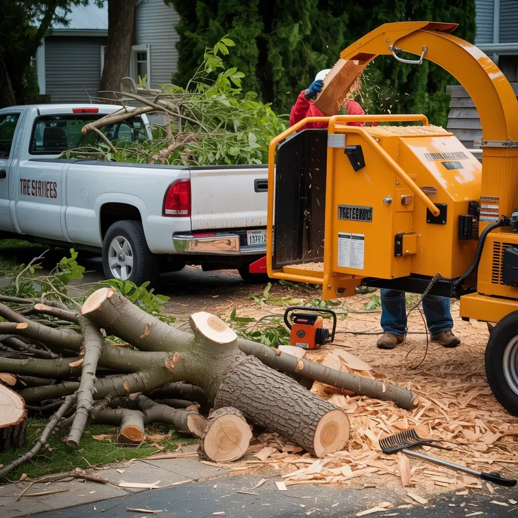 Man feeding wood into a wood chipper next to a pickup truck full of branches.