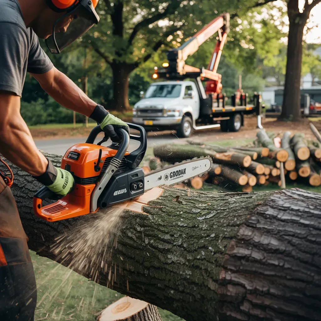 Person using a chainsaw to cut a log. Sparks fly. Truck with crane in background.