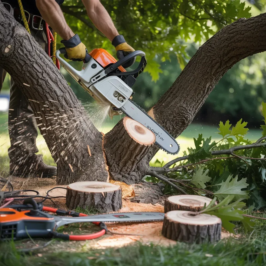Person using a chainsaw to cut a tree branch; wood chips fly.