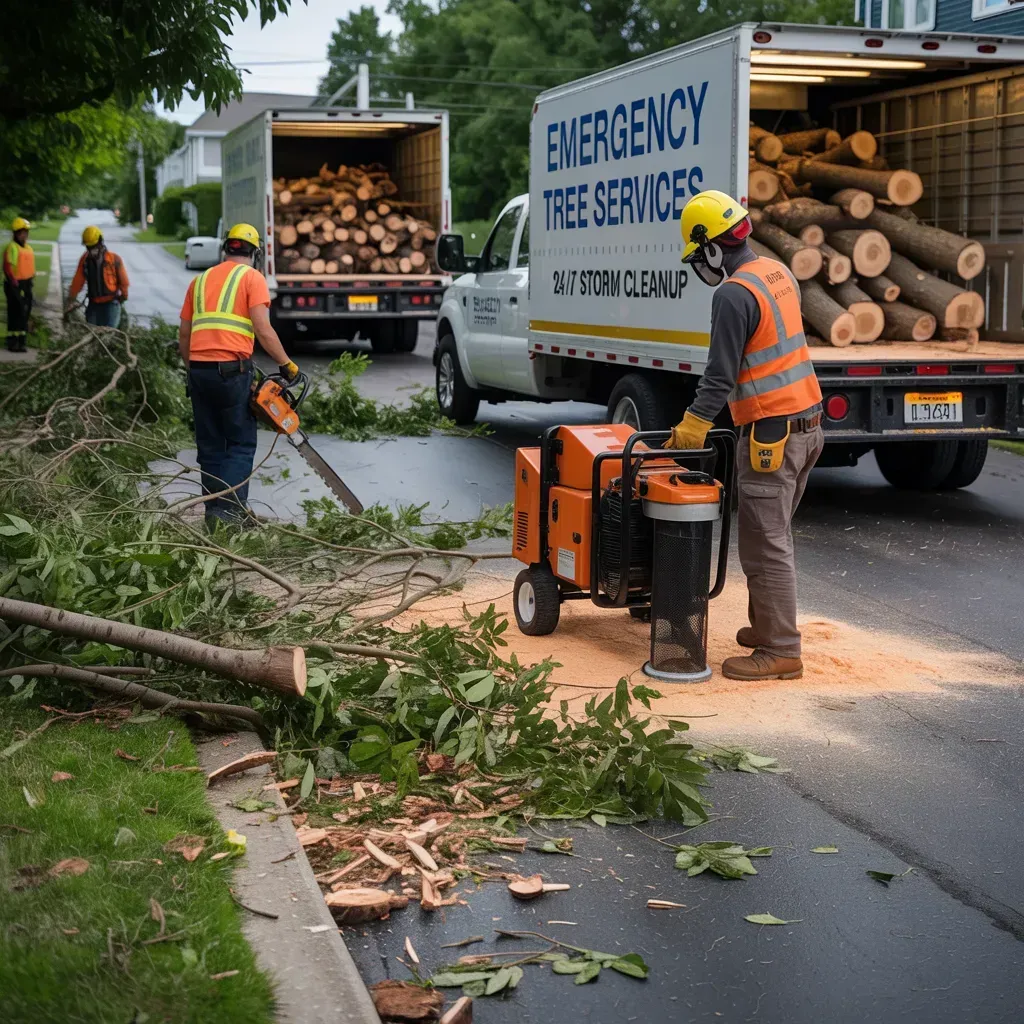 Tree service workers cutting and removing fallen limbs from a street, trucks in background.