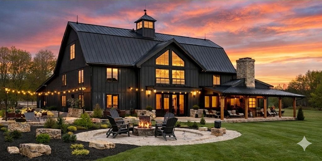 A modern black farmhouse at sunset with a stone fire pit, patio seating, and string lights on a lawn.