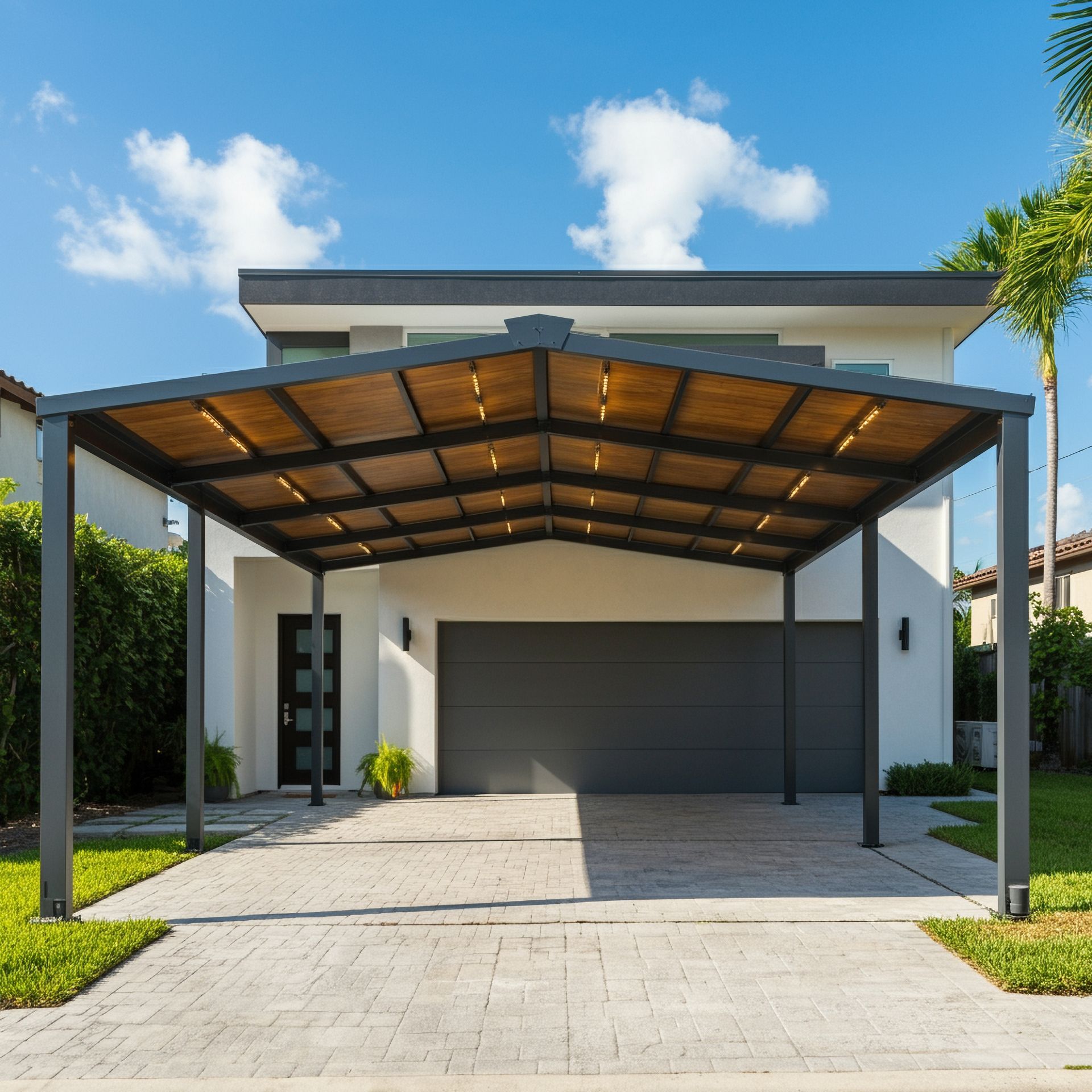Beige brick house with dark brown metal roof and gutters, against a cloudy sky.