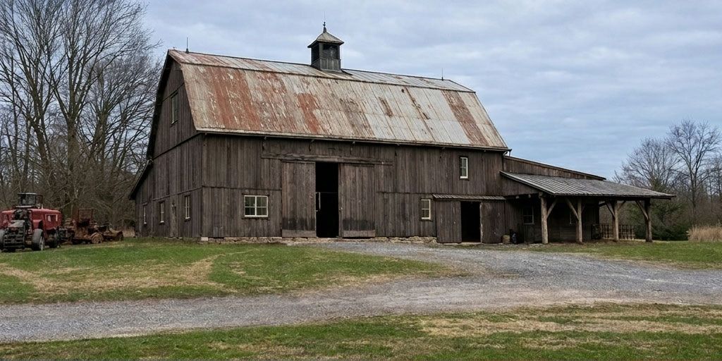 A weathered brown wooden barn with a rusty metal roof stands on a grassy plot next to a gravel path.