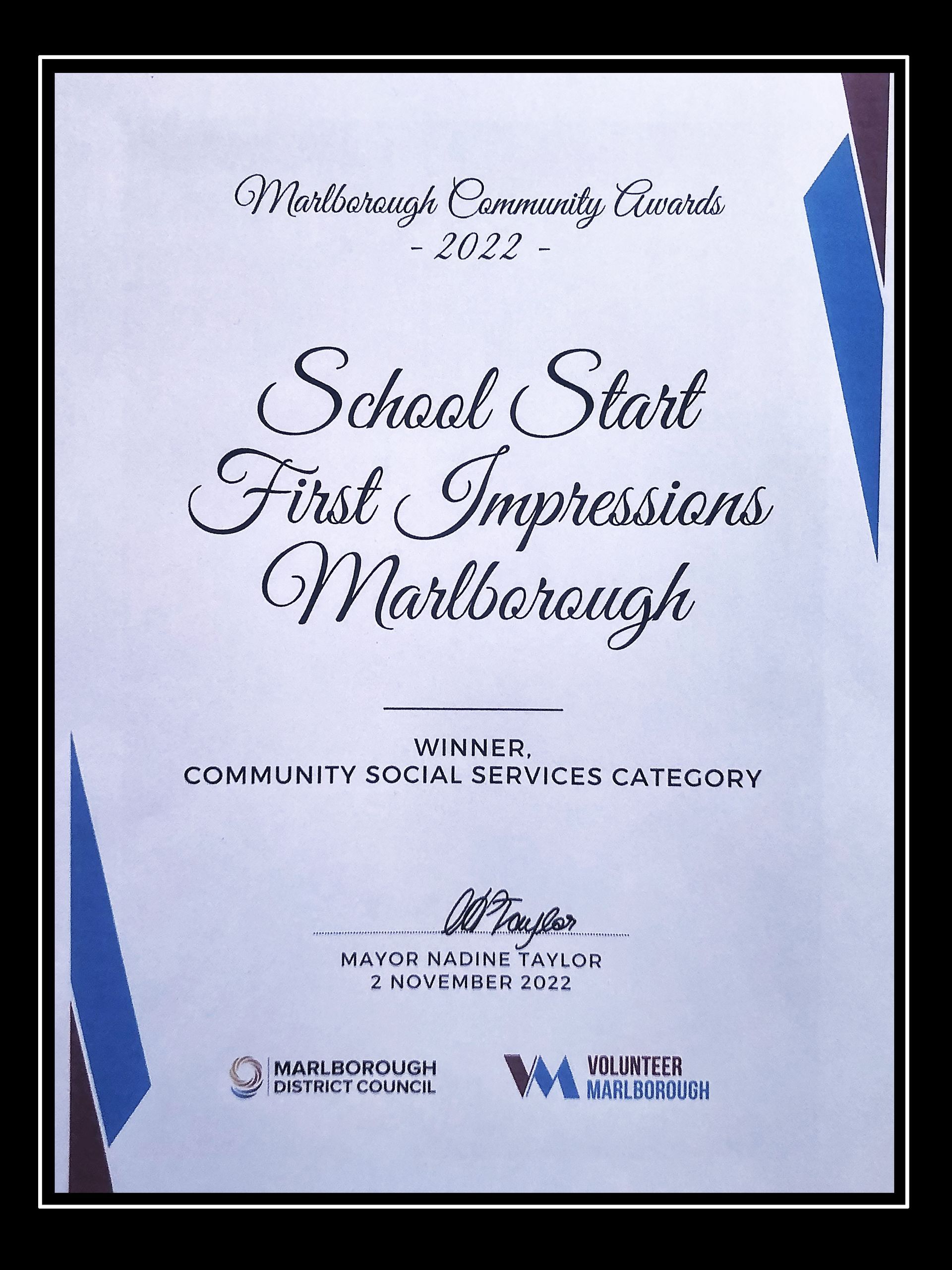 School Start First Impressions Marlborough Winner of the Marlborough Community Award in 2022 for Community Social Services
