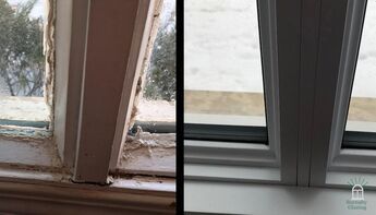 Burnaby Window repair example, one picture of a failed window frame with water damage and another picture of the same opening replaced with a new window frame.