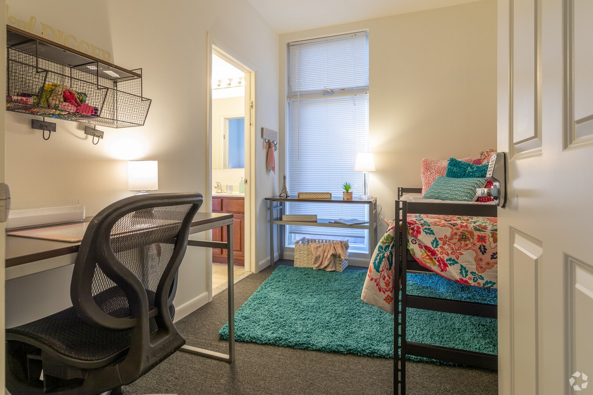 Cozy student bedroom with workspace and bright decor at Temple Crossing