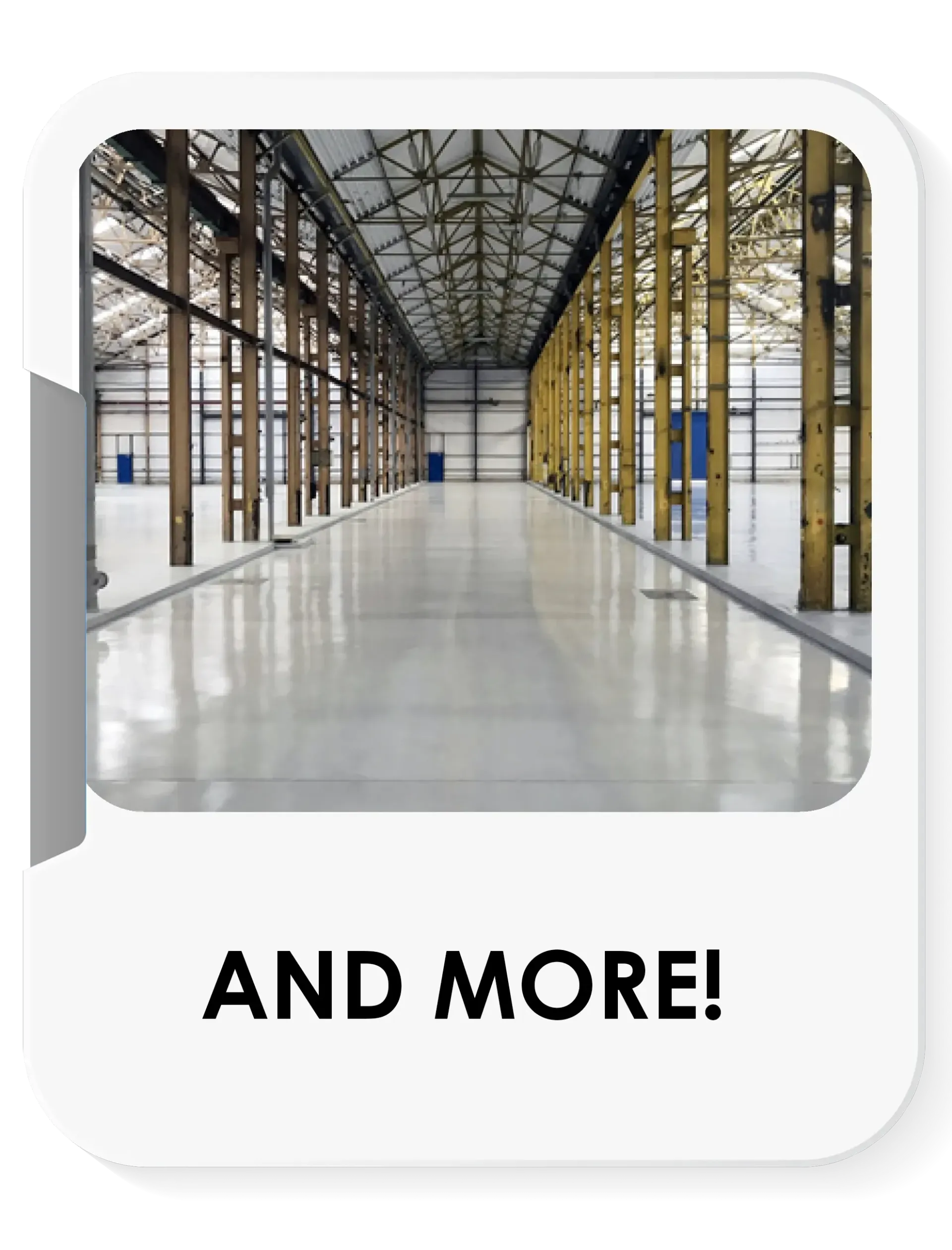 A large empty warehouse with lots of windows and the words `` and more '' below it.