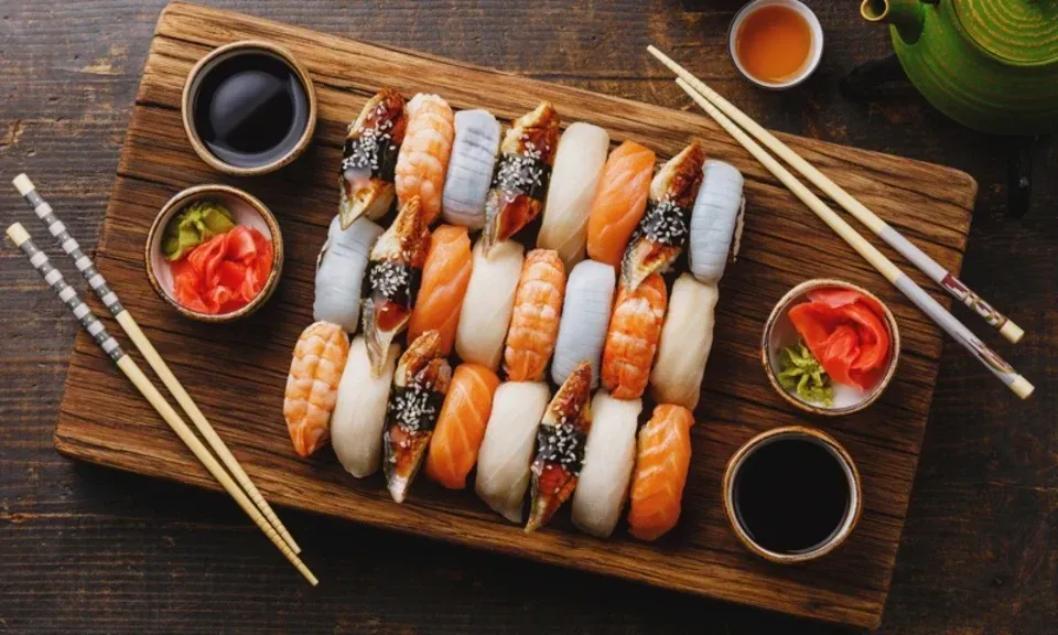 A wooden cutting board topped with sushi and chopsticks.