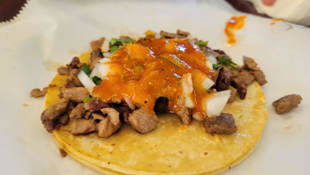 A close up of a taco with meat and sauce on a white plate.