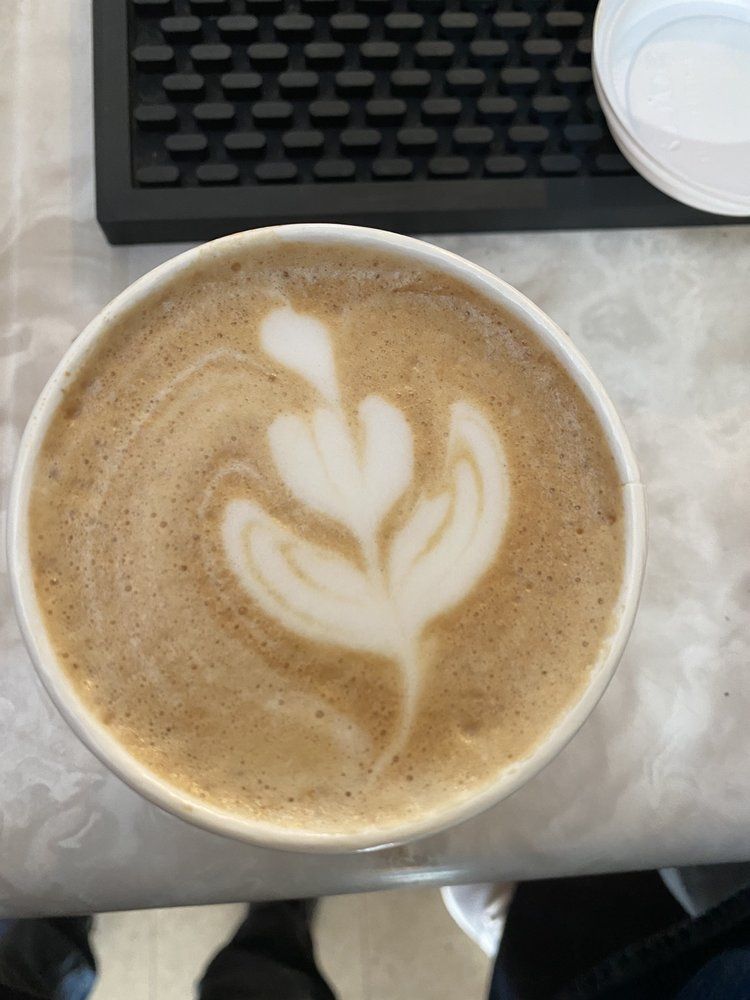 A cup of coffee with a leaf design on the foam