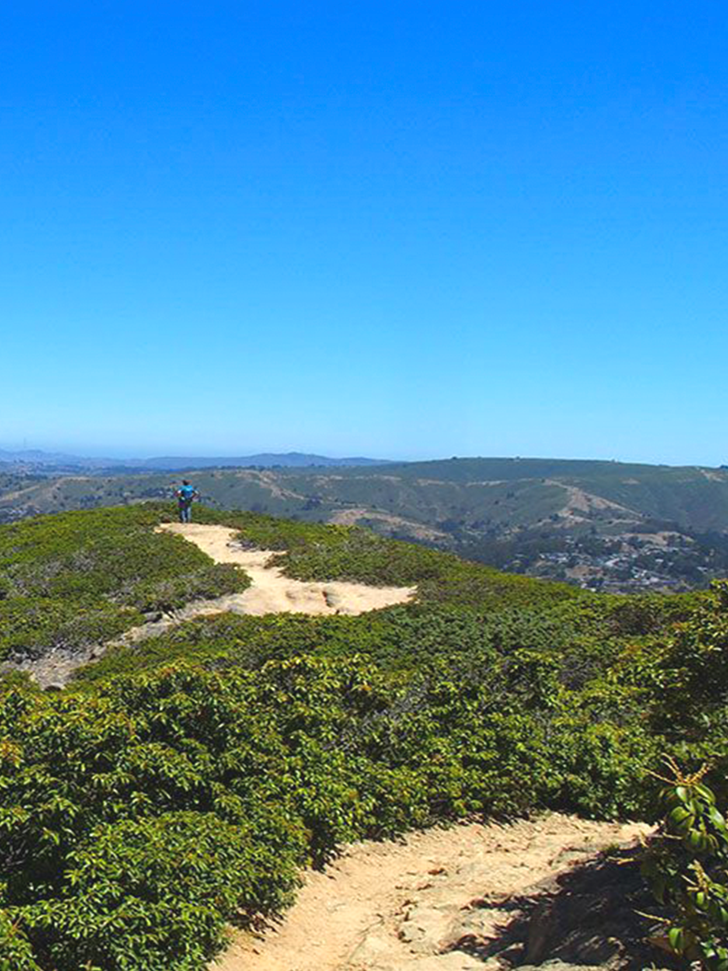 A person is standing on top of a hill on a dirt path.