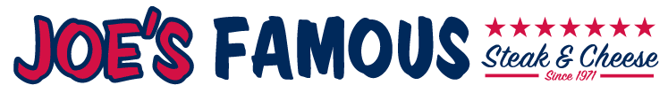 Joe's Famous Steak & Cheese logo with red and blue text and star graphic, 