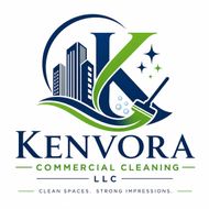 Kenvora Commercial Cleaning LLC logo in navy blue with building icon and sparkle