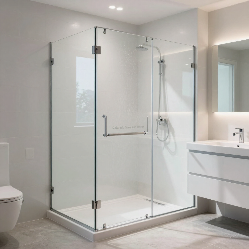 Modern bathroom with a clear glass walk-in shower, white vanity, and toilet