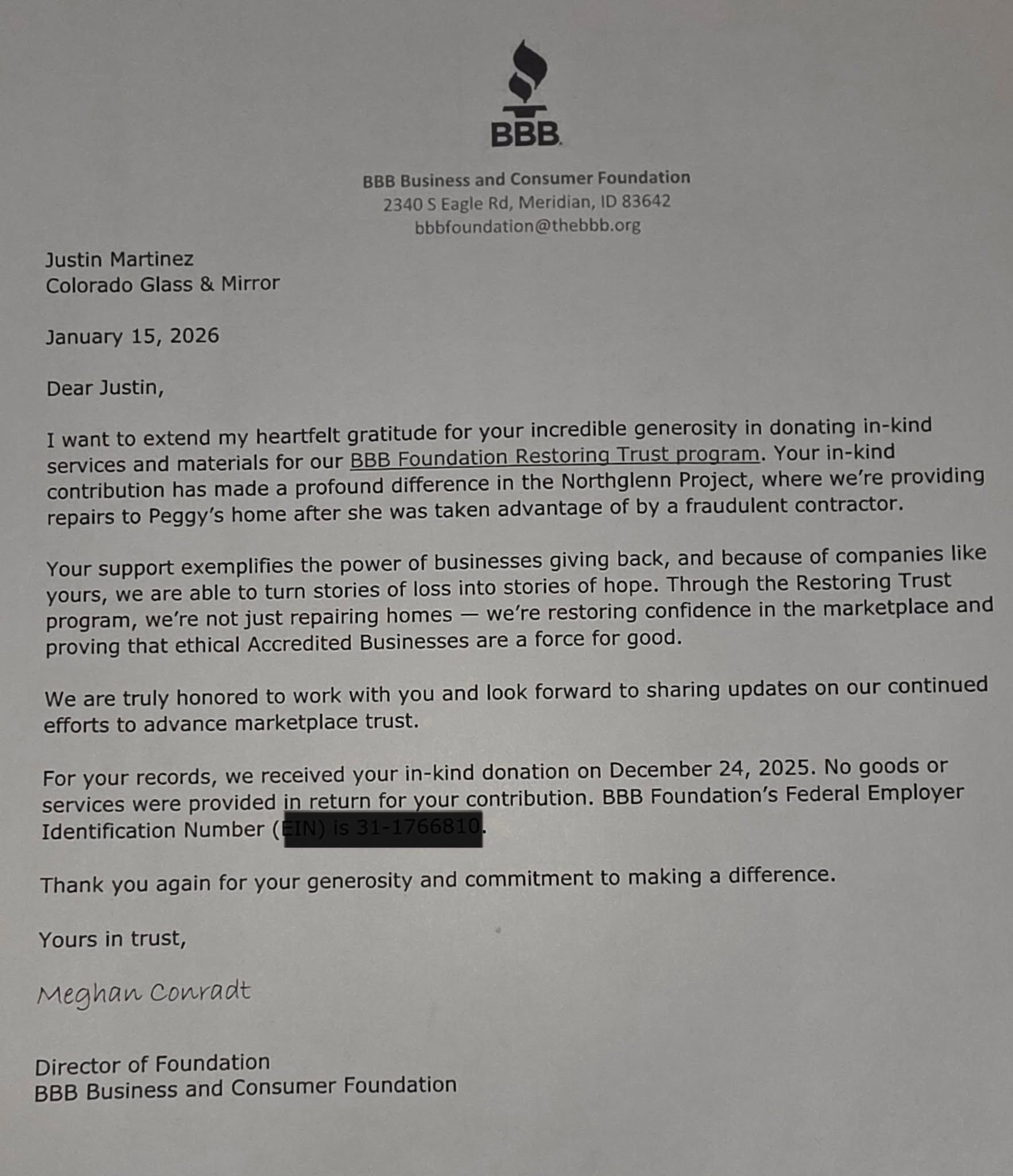 Letter from BBS Charitable Foundation, dated January 23, 2024, on white paper with a logo at the top.