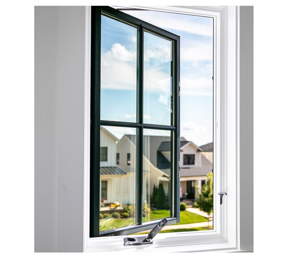 Open window with dark trim, overlooking a neighborhood with green lawns and houses.