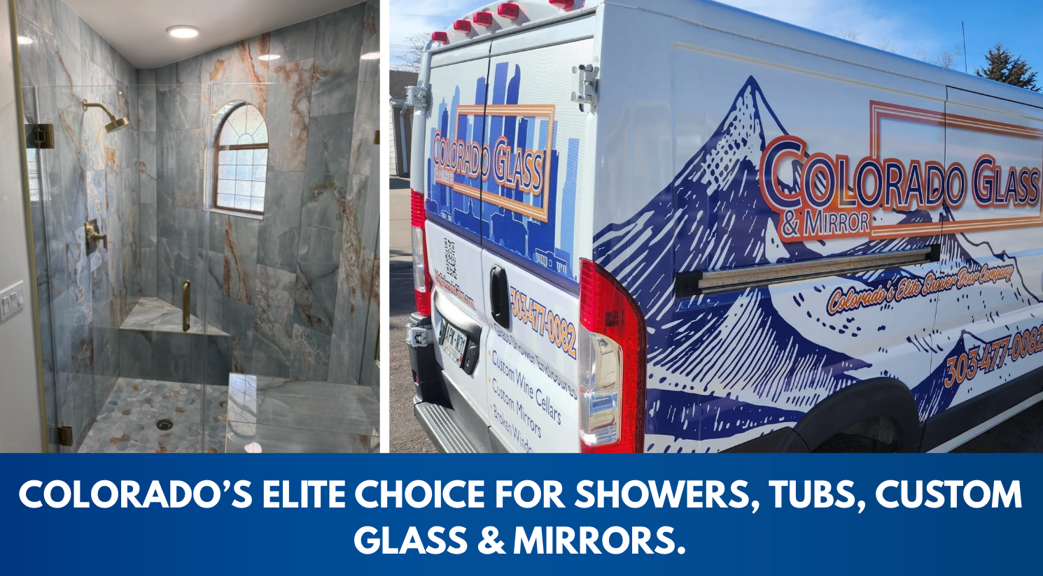 Shower with glass and van with logo. 