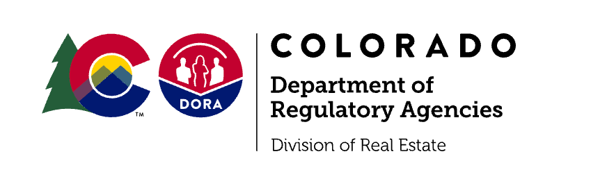 Logo for Colorado Department of Regulatory Agencies, Division of Real Estate. Features a mountain, trees, and DORA emblem.