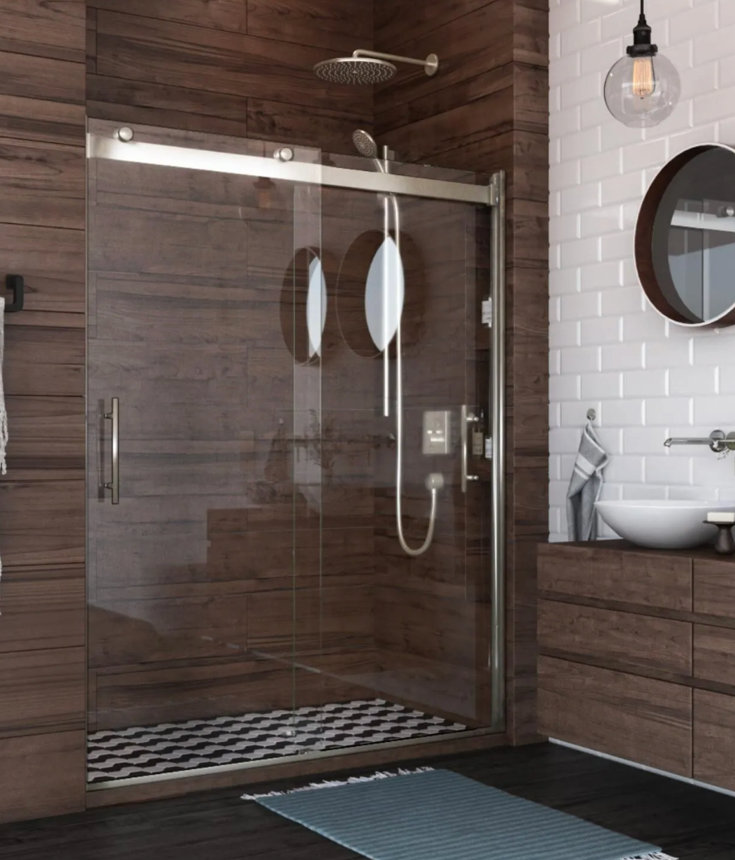 Modern bathroom with a glass shower, dark wood paneling, and a white sink.