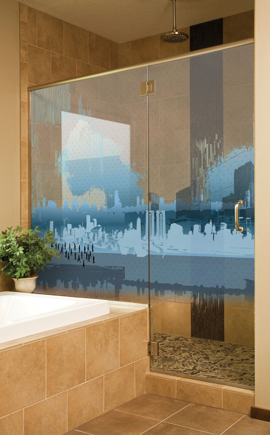 Shower with glass door featuring a blue cityscape design. Bathroom has a stone tile tub and floor.