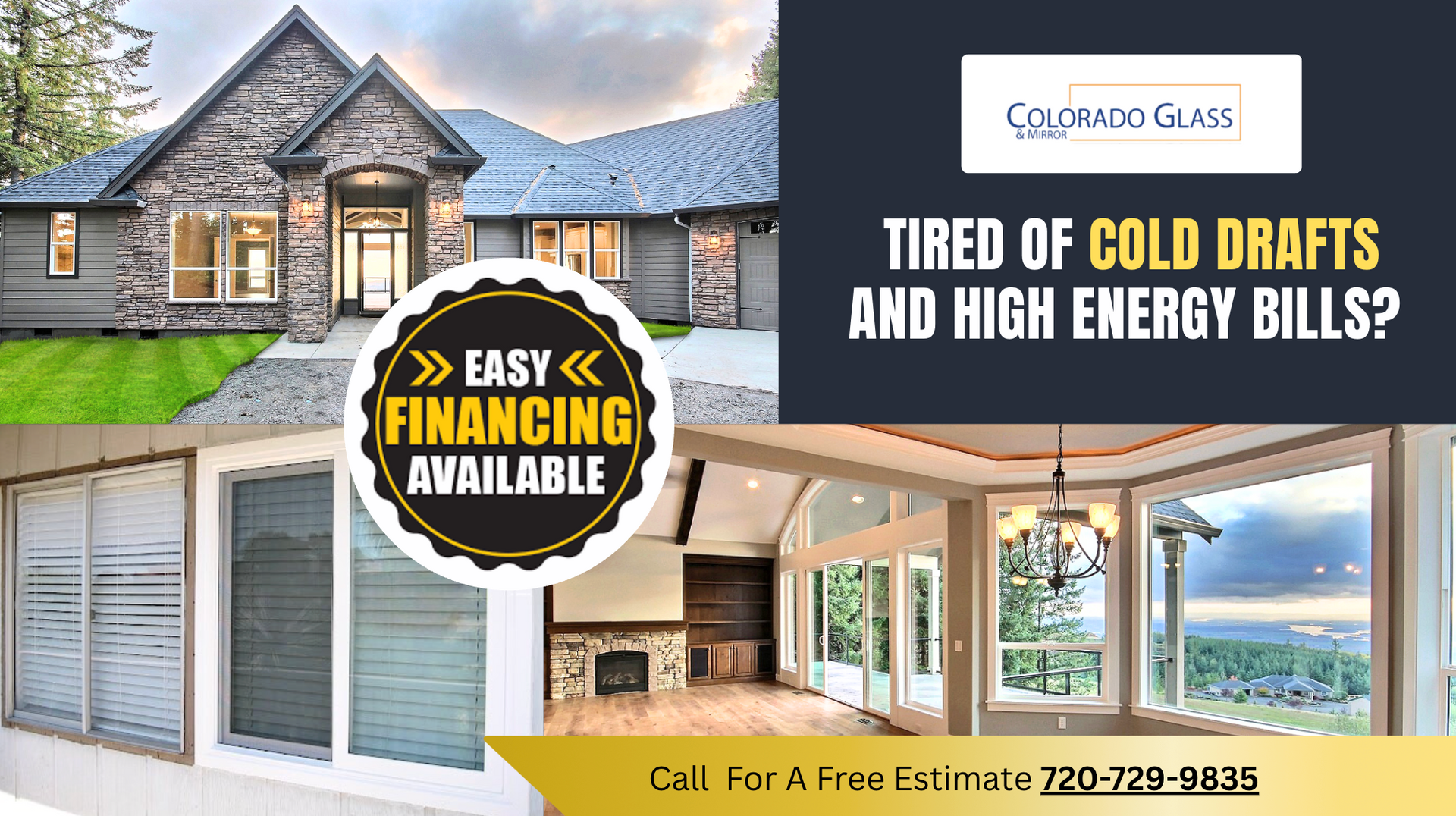 Advertisement for window replacement with house images, easy financing, and phone number.