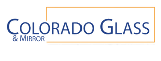 Logo for Colorado Glass & Mirror in dark blue text with a gold box behind 