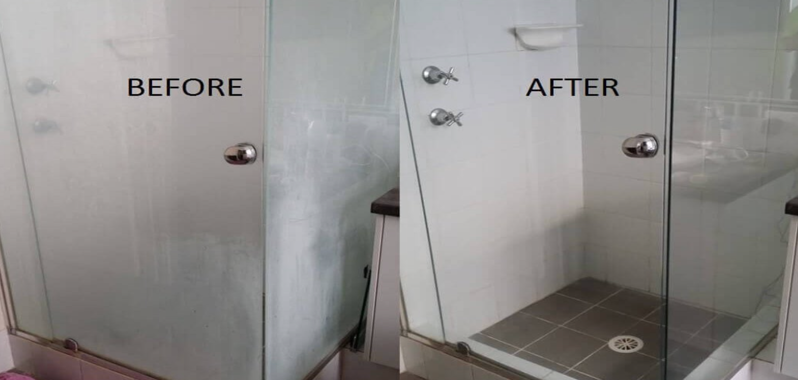 A before and after picture of a shower door in a bathroom.