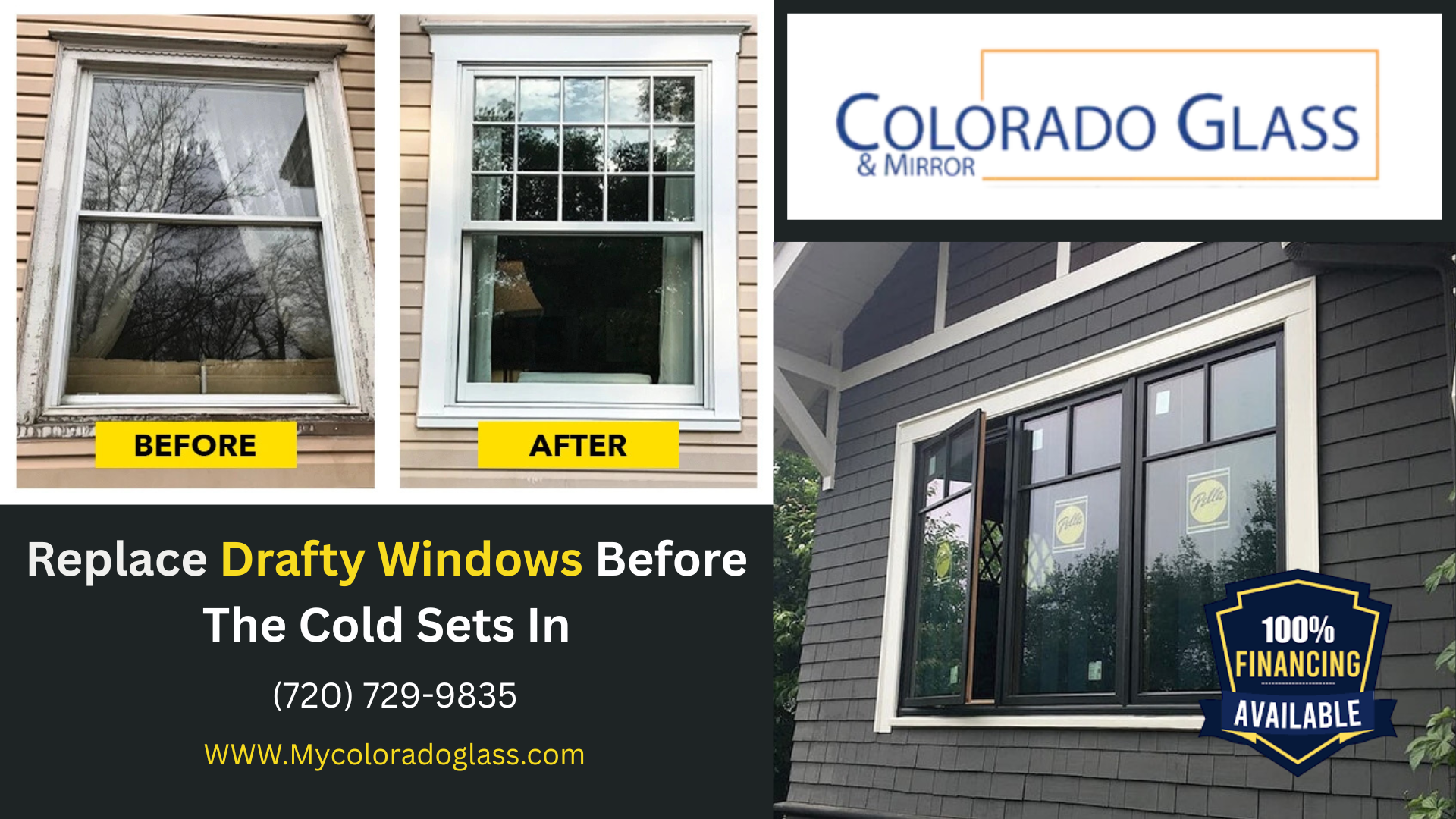 Before and after photos of window replacement. Colorado Glass ad with contact info.
