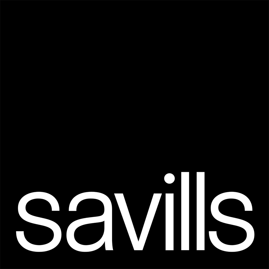 The savills logo is white on a black background.