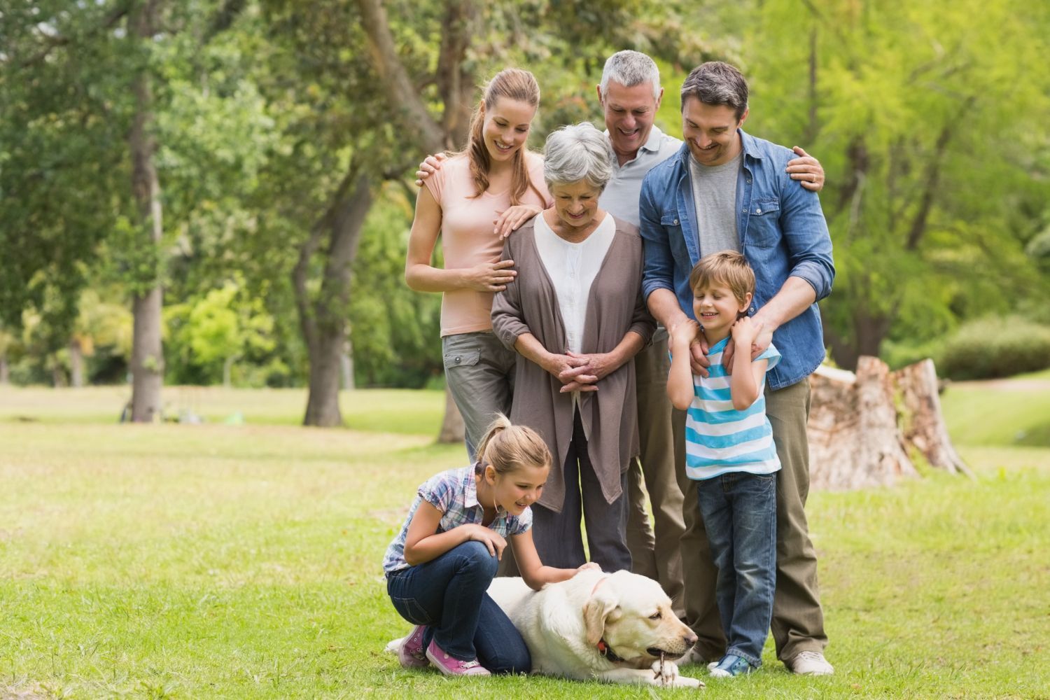 Family of seven, including a dog, standing and petting the dog in a sunny park.