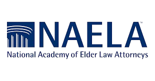 NAELA logo: Navy blue text and a blue stylized columns graphic; 