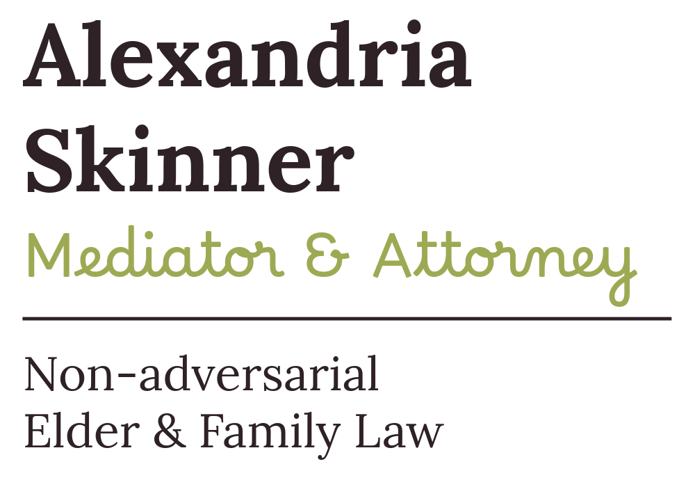 A logo for Alexandria Skinner Mediator & Attorney Non-adversarial Elder & Family Law.
