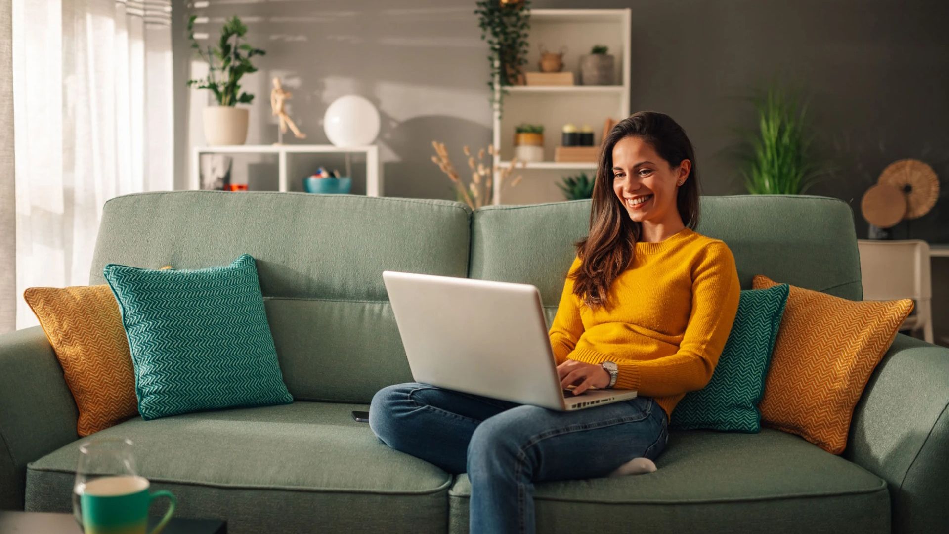 A woman is sitting on a couch using a laptop computer.