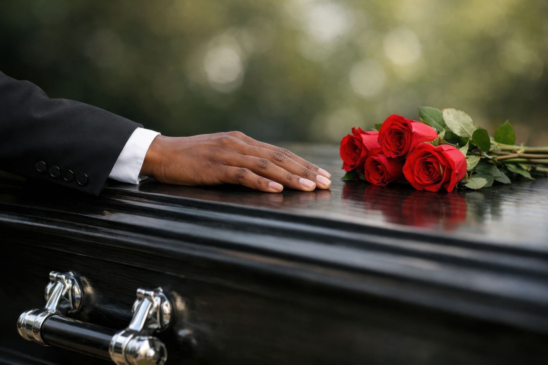 Hand resting on a black casket beside red roses in a somber funeral setting