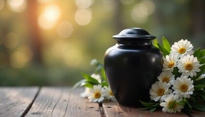 Black urn with white daisies on a rustic wooden table, with soft blurred greenery in the background