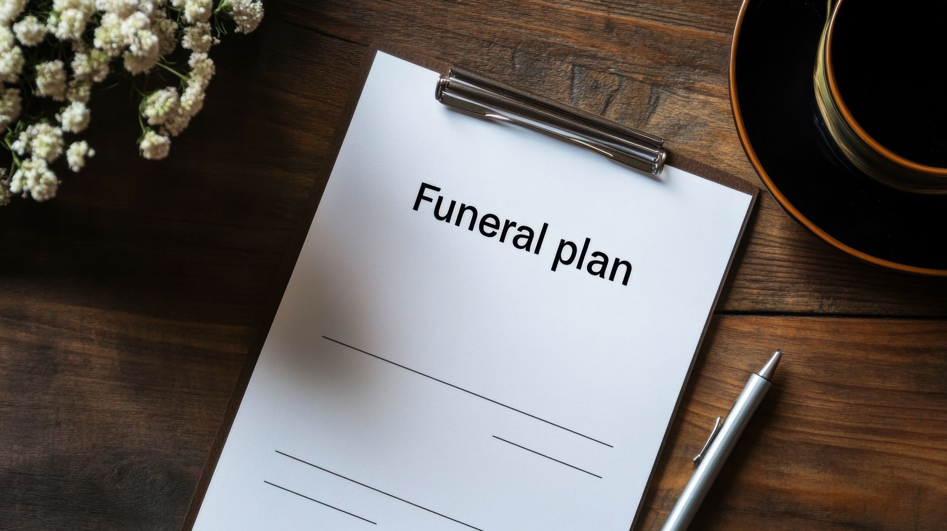Funeral plan on a clipboard with pen on a wooden desk, with flowers and a coffee cup nearby