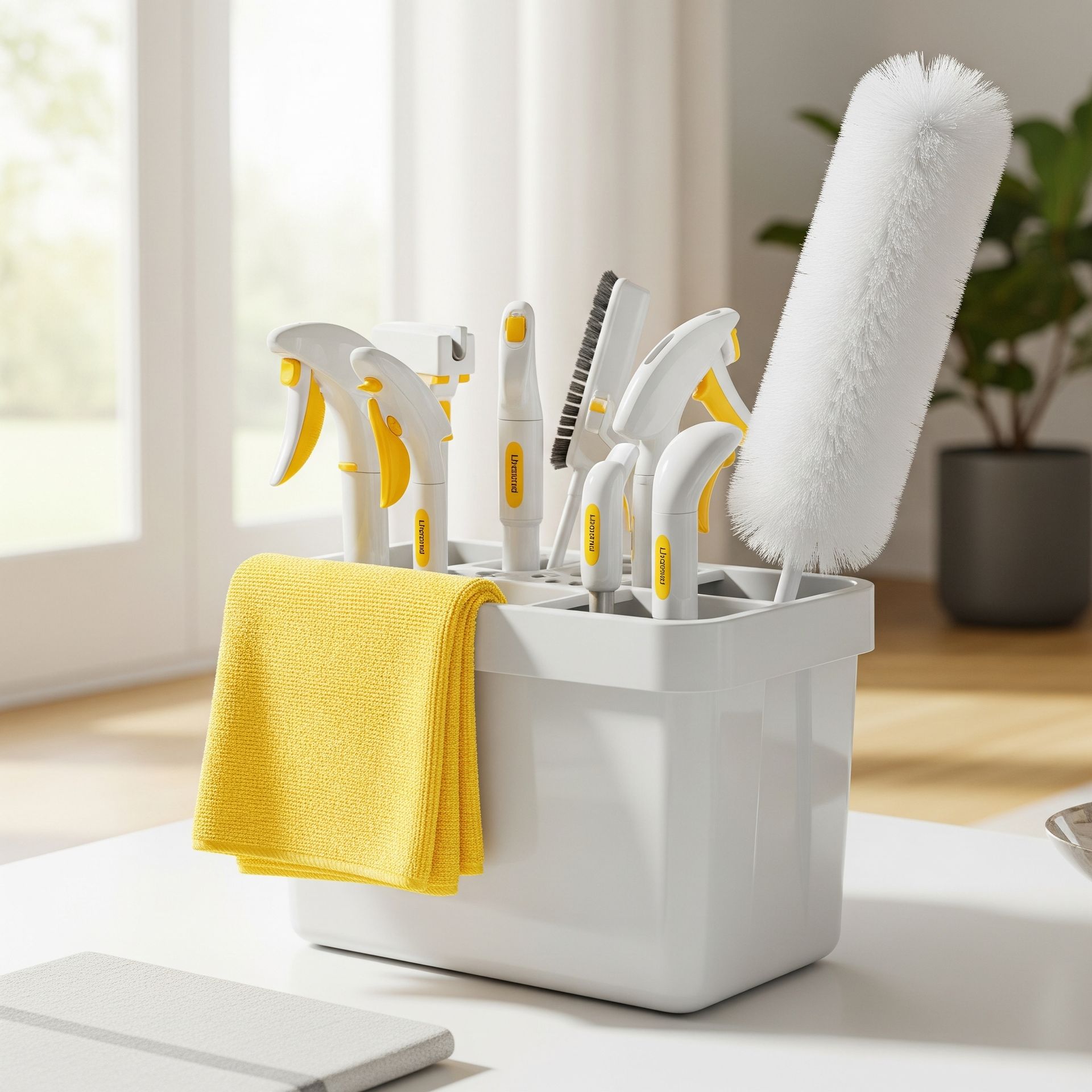 A white cleaning caddy holding various cleaning tools and a yellow microfiber cloth, placed on a table near a window.