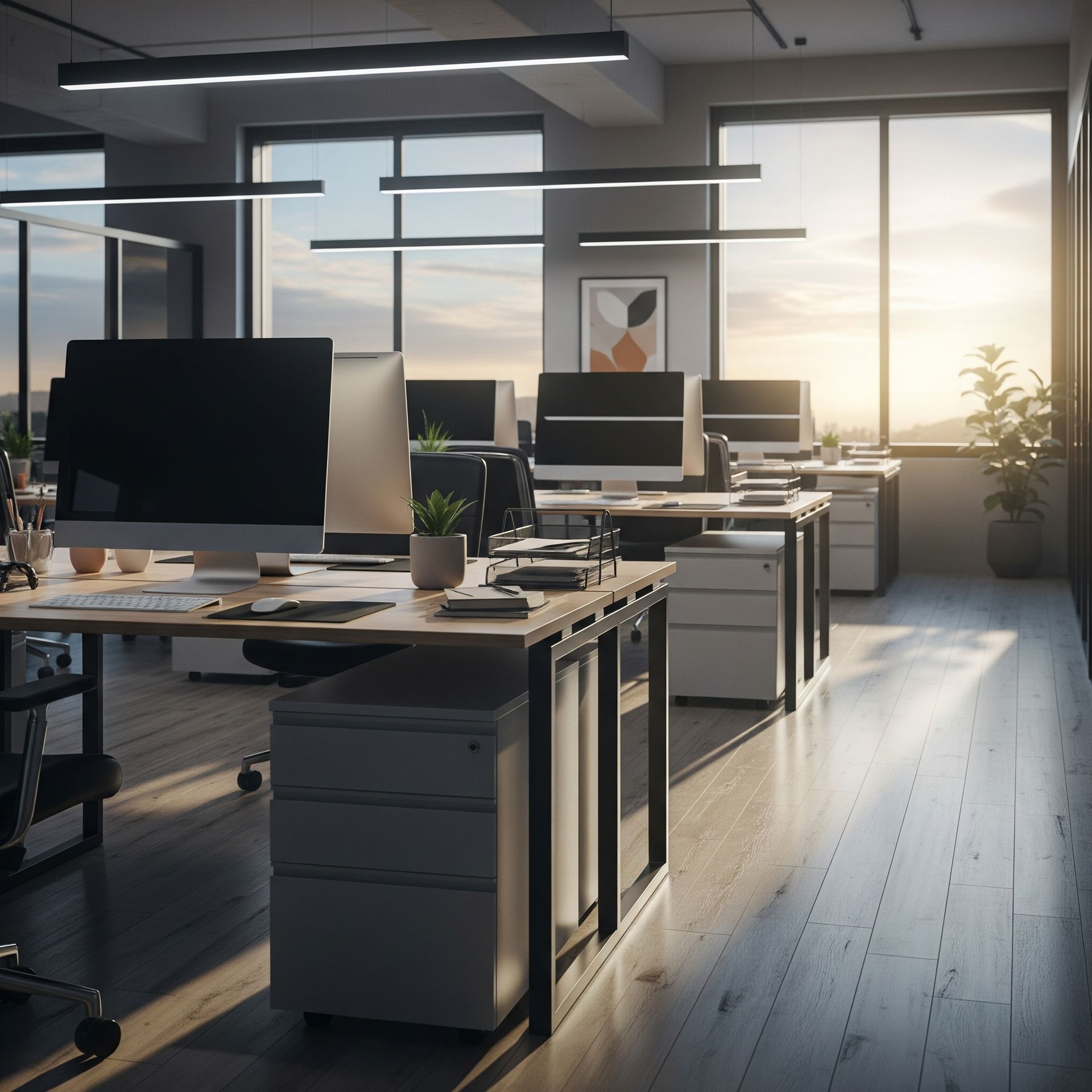 Modern office interior with several workstations;