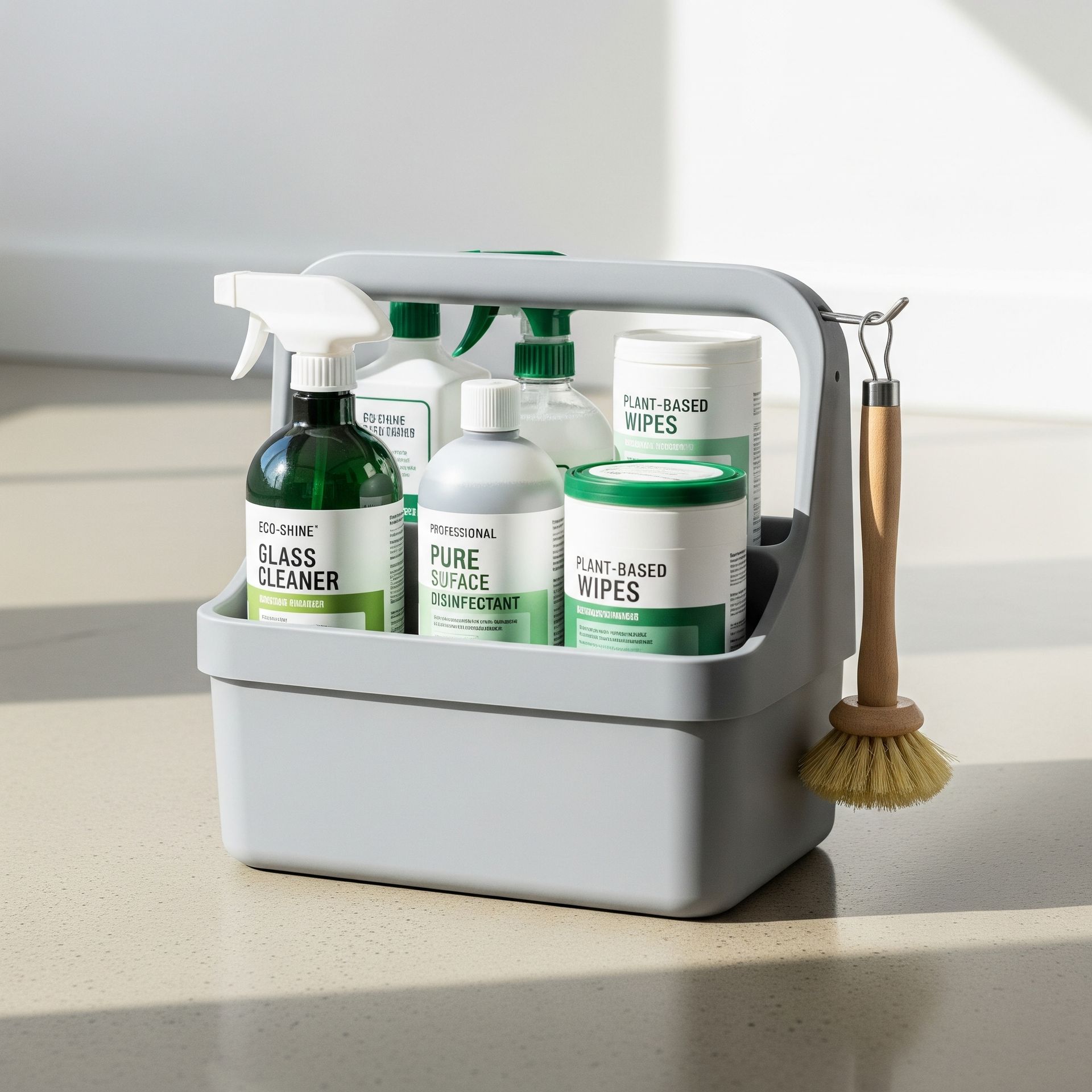 A gray cleaning caddy with various cleaning products and a wooden brush, sitting on a floor.