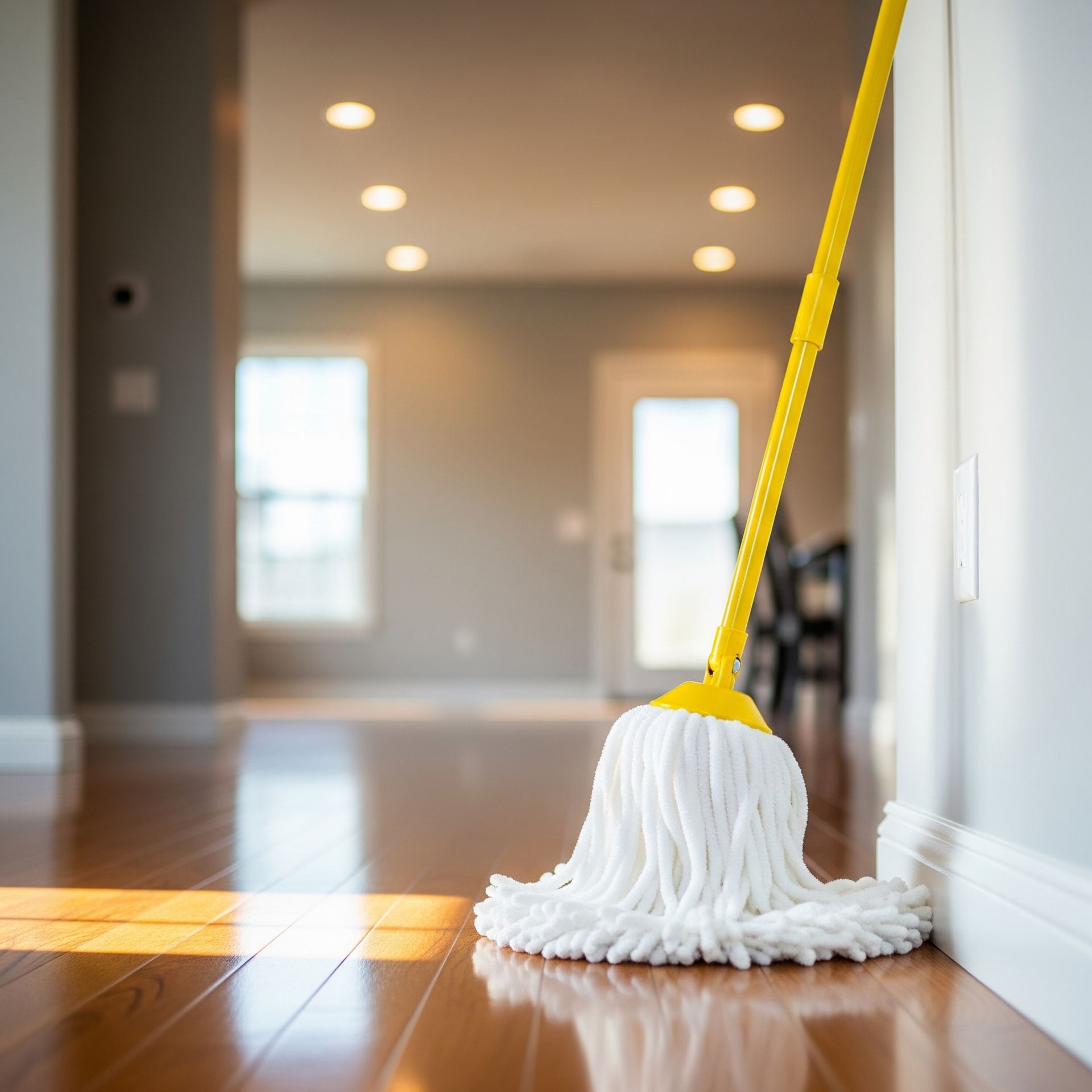 A yellow mop leans against a light gray wall on a shiny wood floor. The mop faces an open doorway and windows.