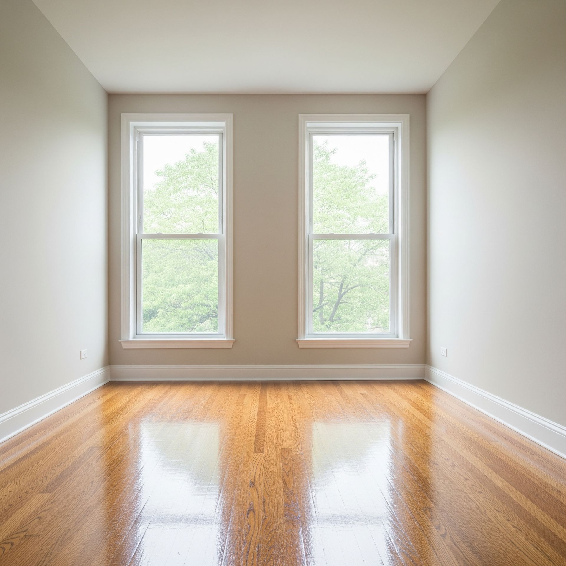 Empty room with two windows, hardwood floors, and light-colored walls.