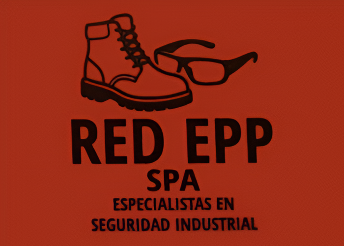 Logotipo de Red EPP una bota de trabajo  y gafas de seguridad sobre un fondo rojo.