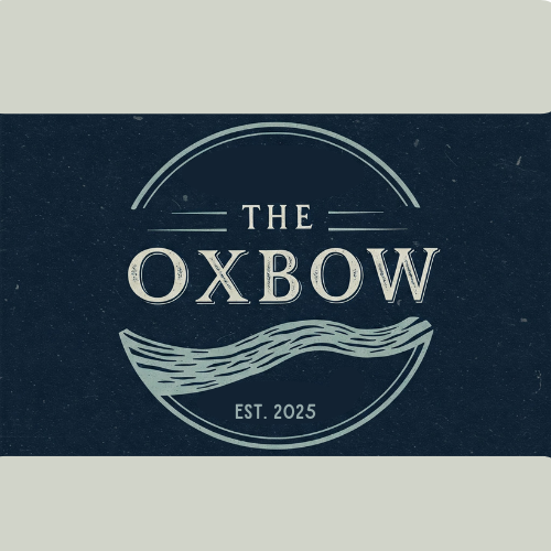 A blue sign that says the oxbow on it