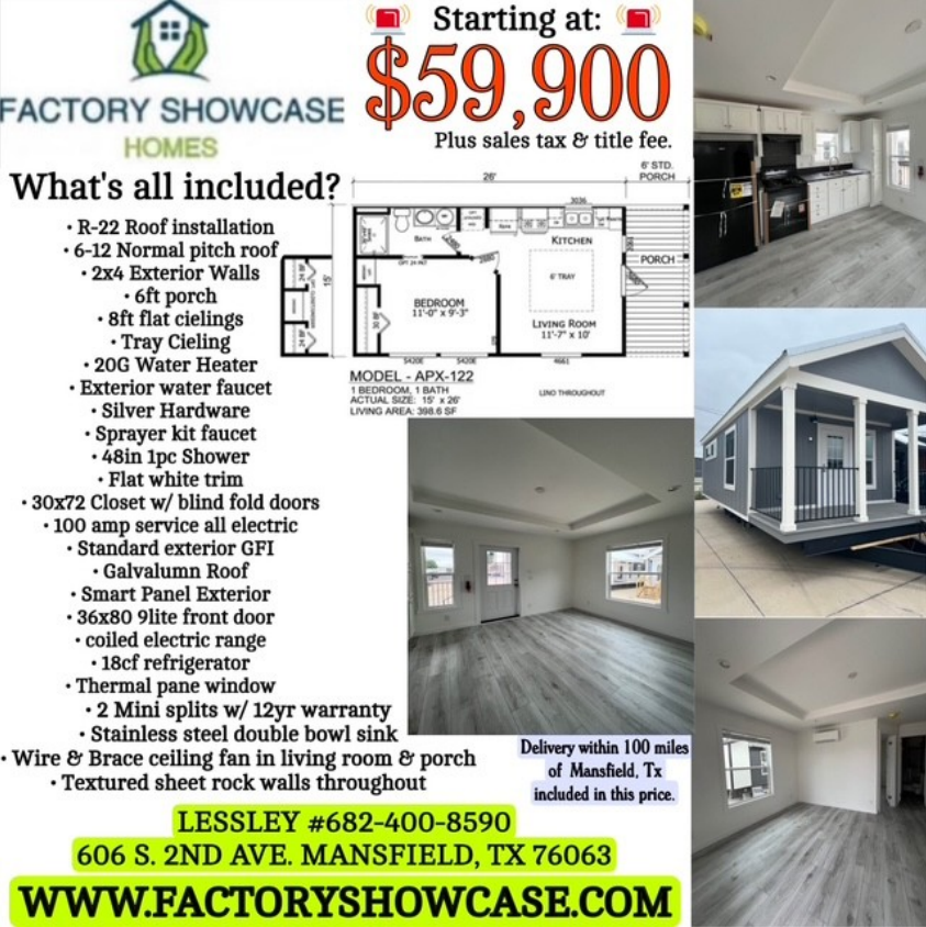 Advertisement for Factory Showcase Homes starting at $59,900 in Mansfield, TX. Includes features list and interior/exterior photos. Advertisement for Factory Showcase Homes starting at $59,900 in Mansfield, TX. Includes features list and interior/exterior photos.