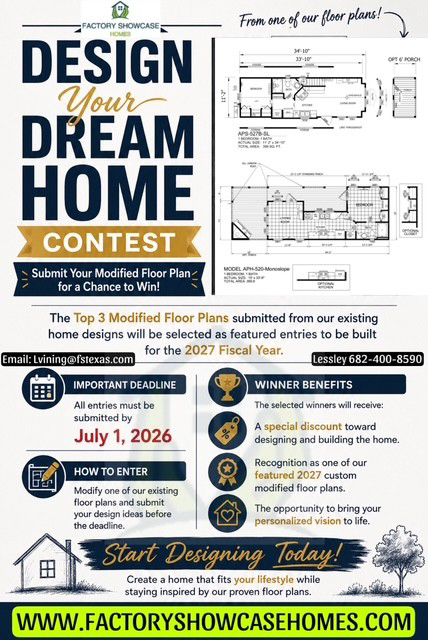 Poster for “Design Your Dream Home” contest with floor plan sketches, event details, and black, blue, yellow text.