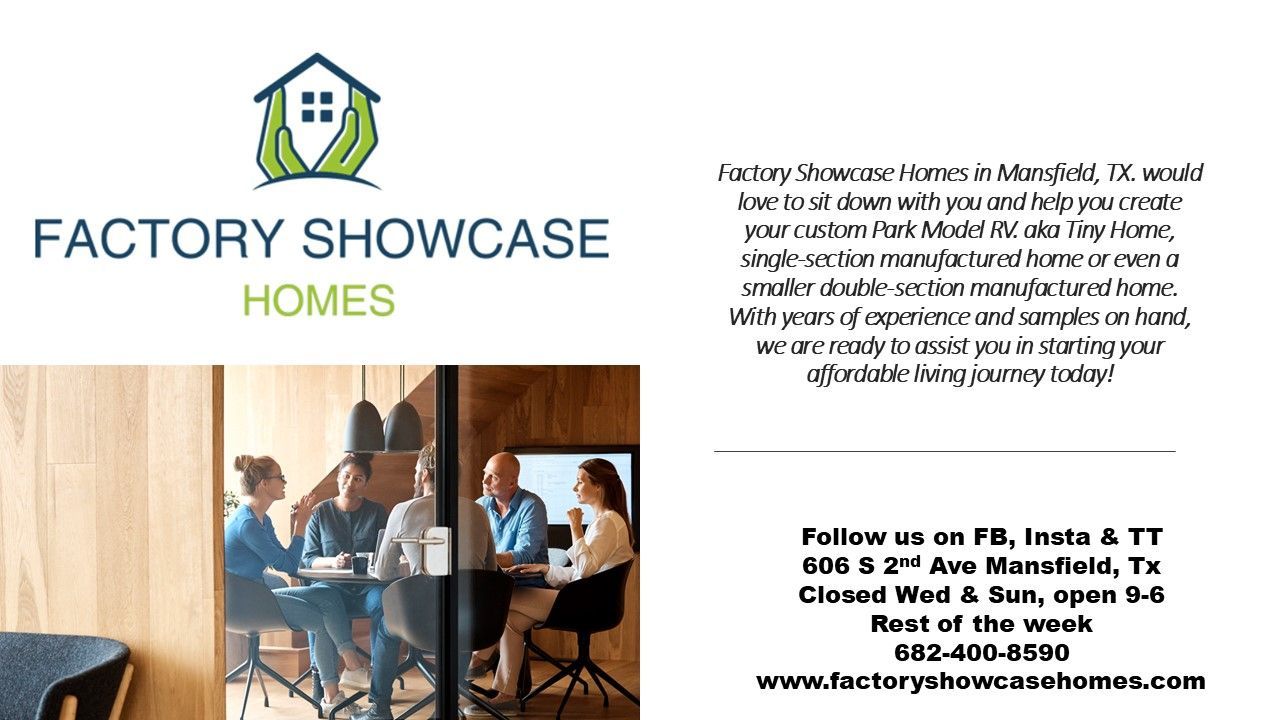A business card for factory showcase homes shows a group of people sitting around a table.