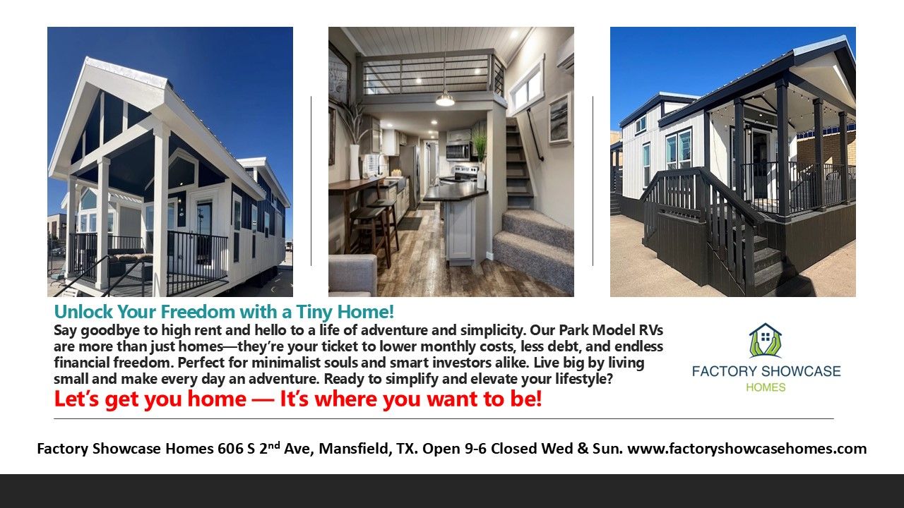 An advertisement for a tiny house that says `` unlock your freedom with a tiny home ''.