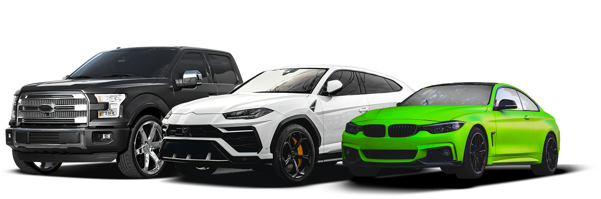 A black truck , a white car , and a green car are sitting next to each other on a white background. | Morrison Corp Mobile Body & Paint